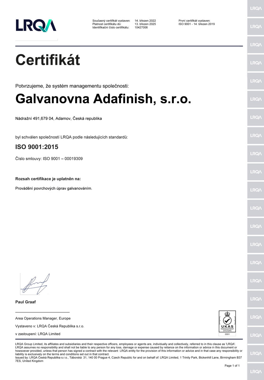 Certifikát ISO 9001:2015