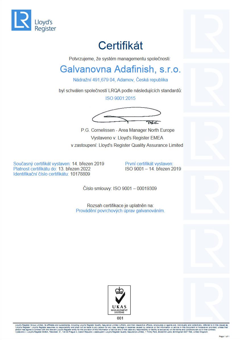 Certifikát ISO 9001:2015